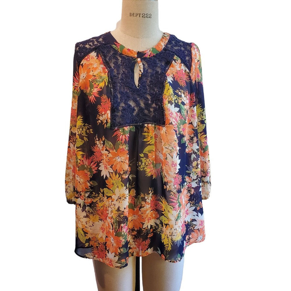 Floral Sheer Blouse‎ With Lace Accents Size XL